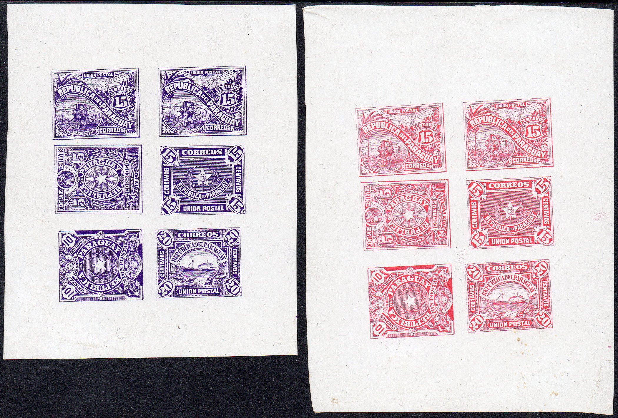 Paraguay 1886 Official proof essay sheetlets of 6